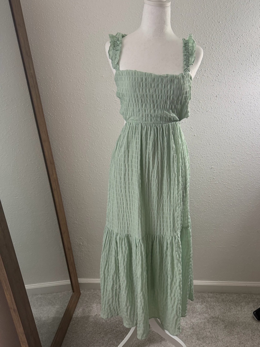 Lush Sage Green Smocked Maxi Dress with Ruffle Straps